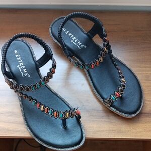 Women's Black Beaded T-Strap Sandals - Multicolor Accent
